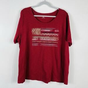 Catherines Petite 0X 14 16 American Flag Graphic T-Shirt Tee Top Red Cotton